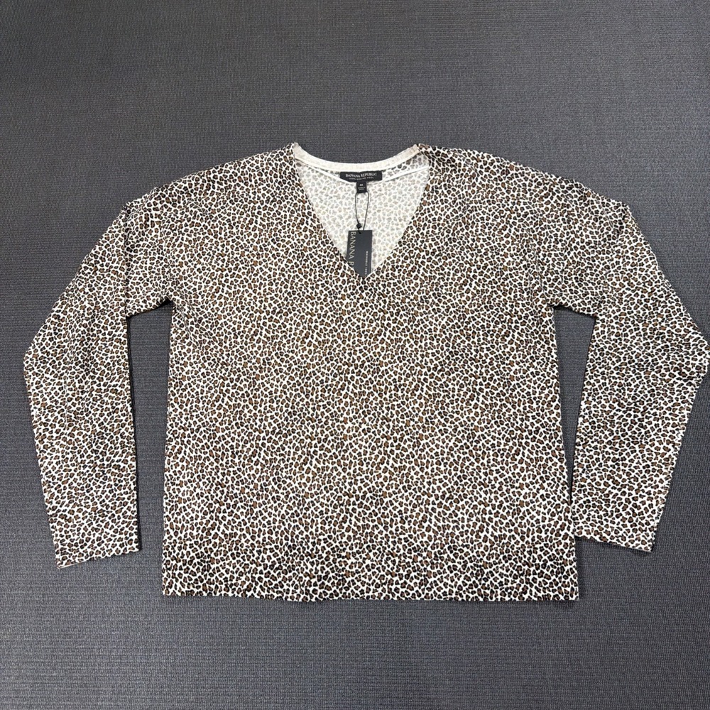 New Banana Republic Women Medium Leopard Print Merino Wool Long Sleeve Top